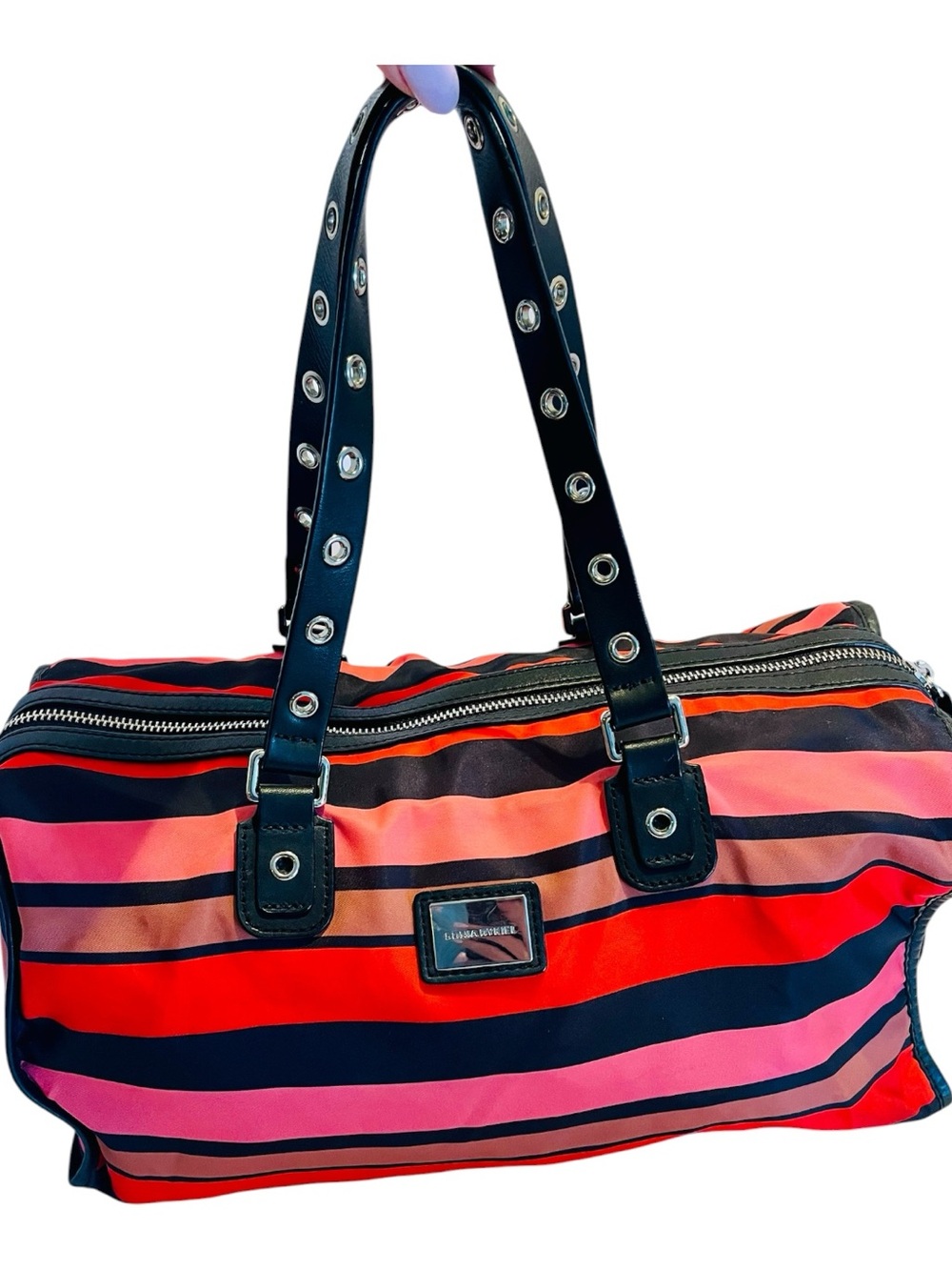 Sonia Rykiel Paris Striped Nylon Weekender Duffel Bag Pink Red Black Tote